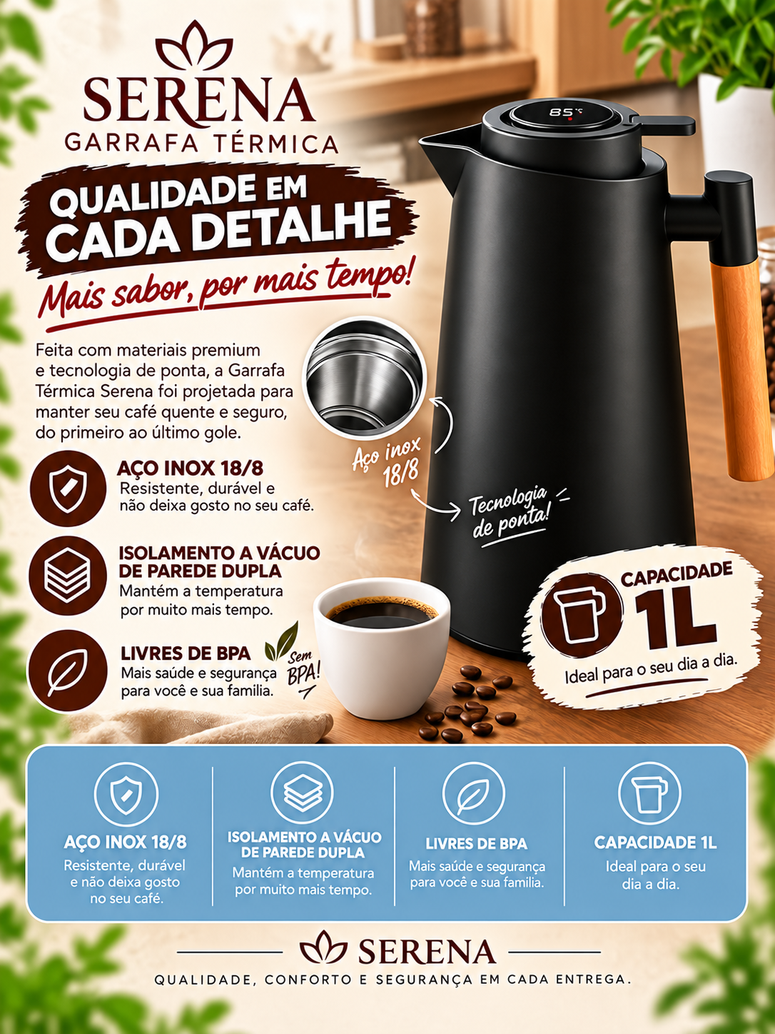 Qualidade e materiais da garrafa térmica Serena