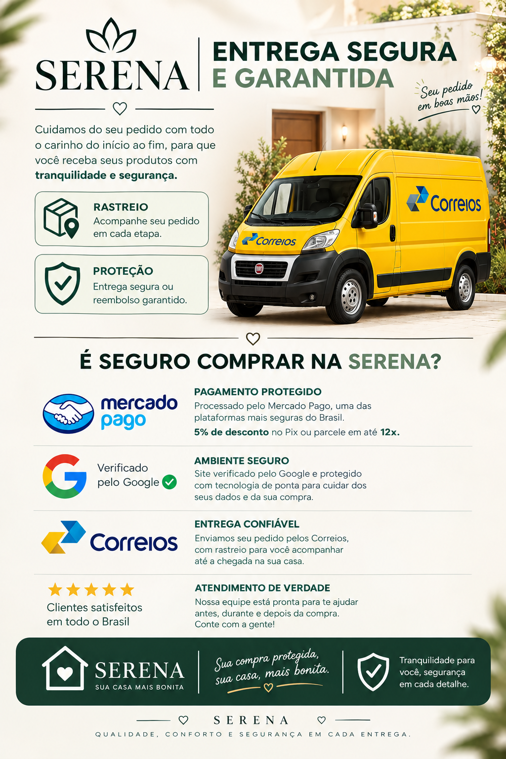Informações de entrega segura e compra protegida Serena
