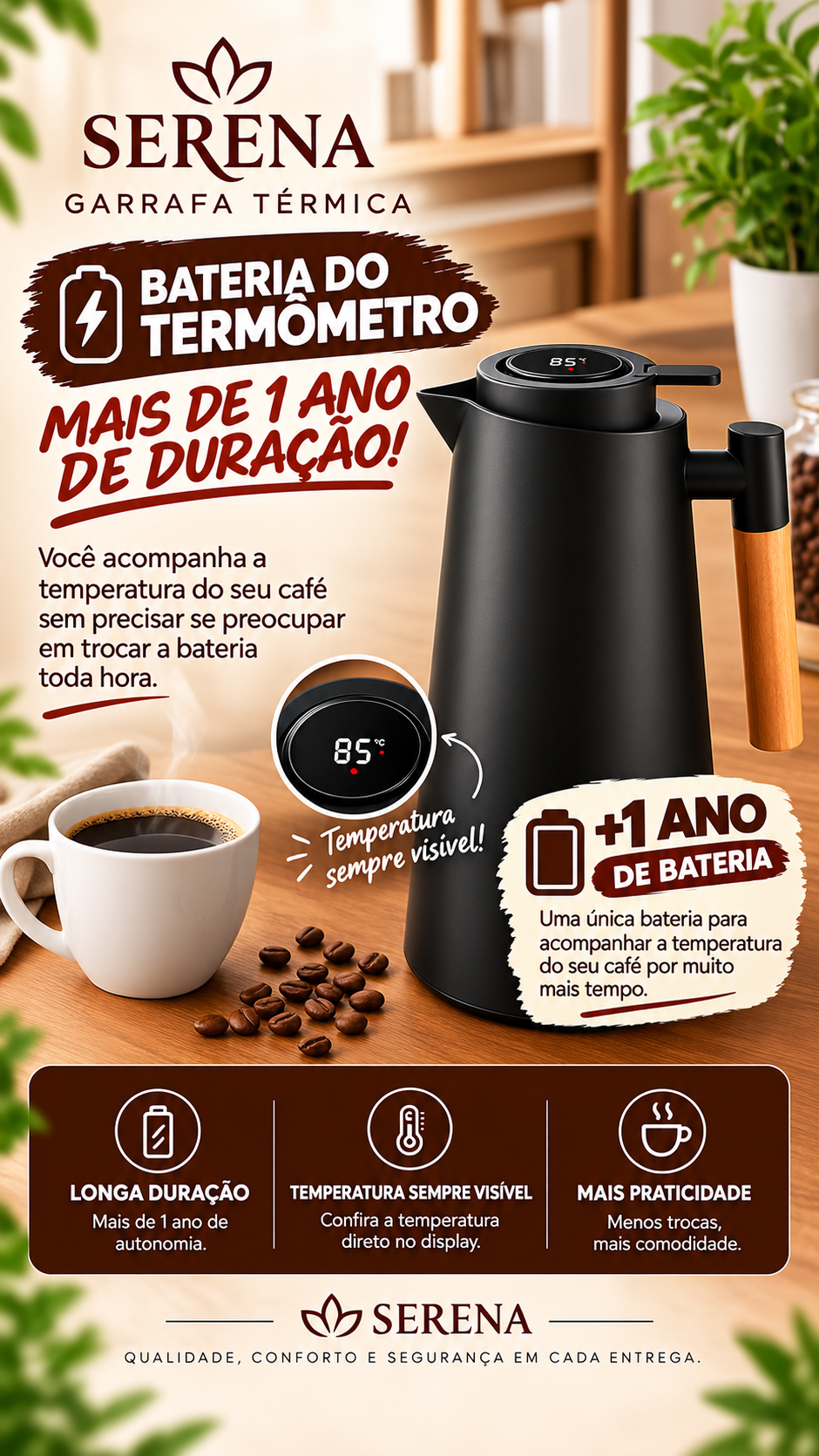 Bateria do termômetro da garrafa térmica Serena